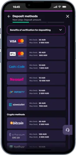 Win Spirit Casino deposit methods screen showing Visa, MasterCard, PayOp, Neosurf, MiFINITY, eZeeWallet, Bitcoin, Ethereum