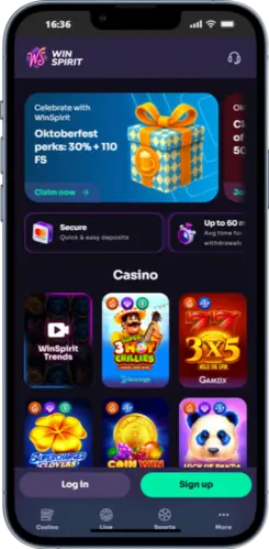 Win Spirit Casino main menu with promotions, bonuses, and popular slot games