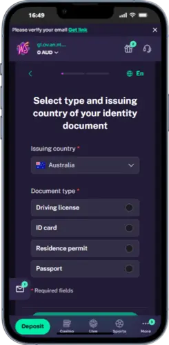 Win Spirit Casino verification screen for selecting country and type of identity document