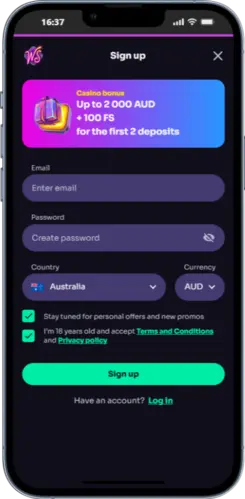 Win Spirit Casino sign-up form with email, password, and country selection for new players