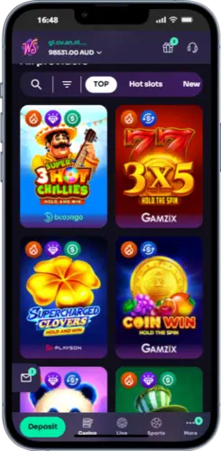 Win Spirit Casino mobile app with top slot games including Super 3 Hot Chillies and Coin Win